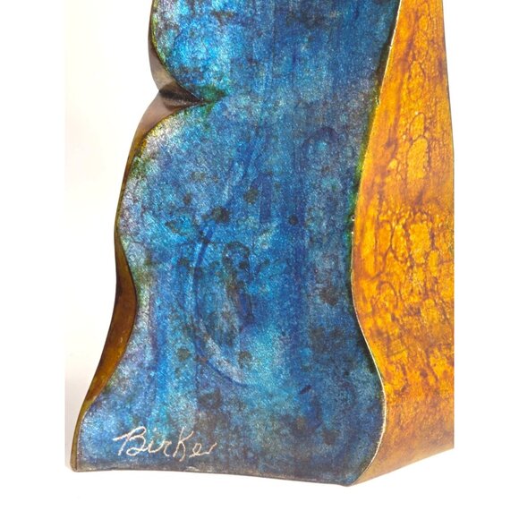 Modern Abstract Metal Sculptures Red & Blue Gold Accents Pair Signed By Burke - Picture 6 of 12